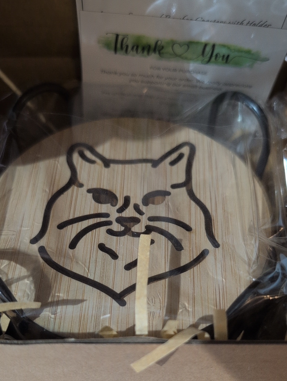 NIB Bamboo Cat Face Coasters, Set Of Six, Coaster Holder